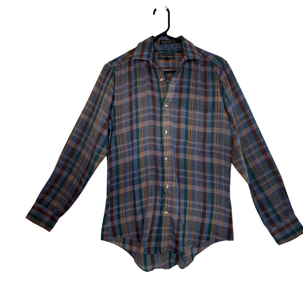Peter England Vintage Plaid Shirt Blue Green Brown Single Needle Korea